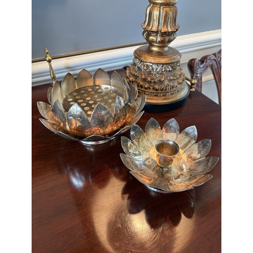 VTG Reed & Barton 3002 Silverplate Lotus Flower Bowl Frog Insert Candleholder